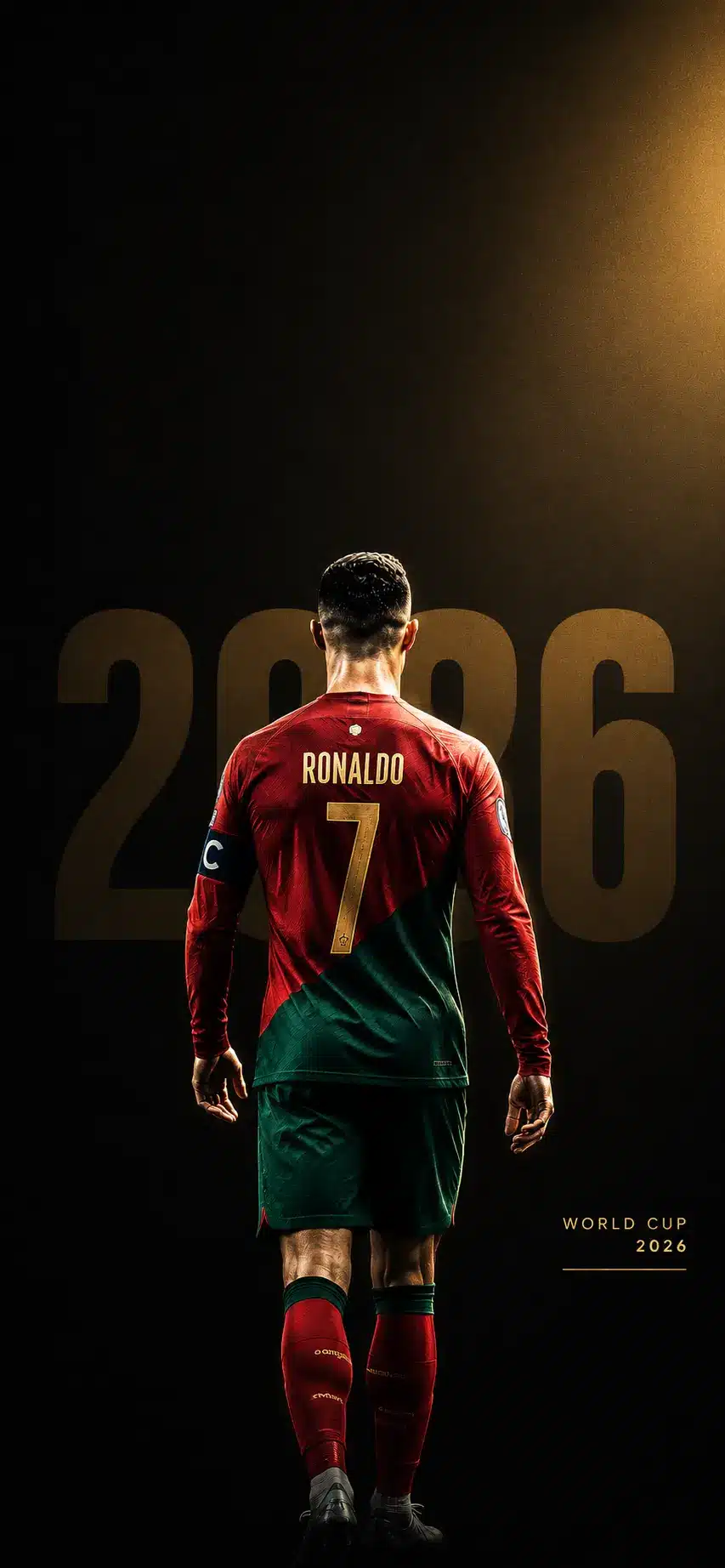 Cristiano Ronaldo in Portugal jersey, back view, with '2026 World Cup' text.
