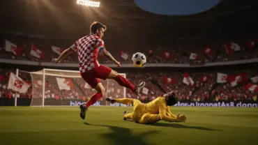 Croatian soccer player shoots toward goal during intense World Cup match at stadium