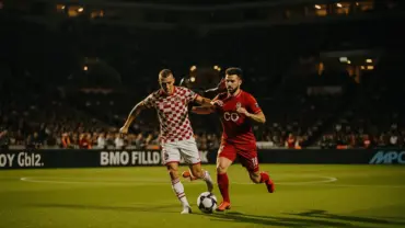 Intense World Cup soccer match at BMO Field Toronto with dramatic floodlit stadium atmosphere