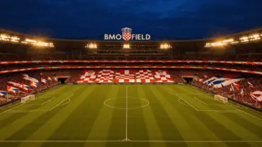 BMO Field stadium in Toronto at dusk with Croatian and Panamanian flags in stands for World Cup match