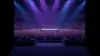 View from wrestling entrance curtain facing packed arena crowd with dramatic stage lighting