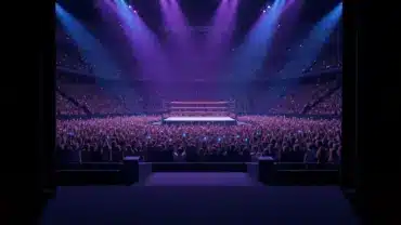 View from wrestling entrance curtain facing packed arena crowd with dramatic stage lighting