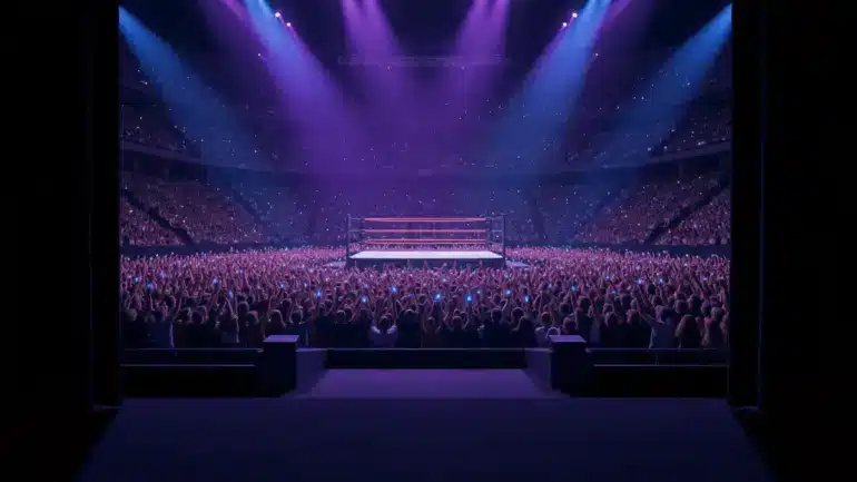 View from wrestling entrance curtain facing packed arena crowd with dramatic stage lighting