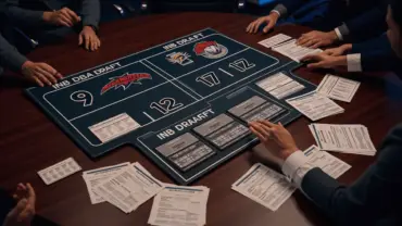 NBA draft war room table showing Dallas Mavericks and OKC Thunder picks 9, 12, and 17 in trade discussion