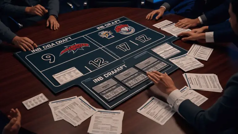 NBA draft war room table showing Dallas Mavericks and OKC Thunder picks 9, 12, and 17 in trade discussion
