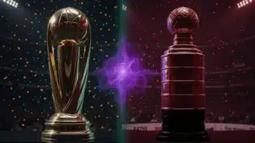 NBA championship trophy and Stanley Cup side by side with mystical glow connecting both championships