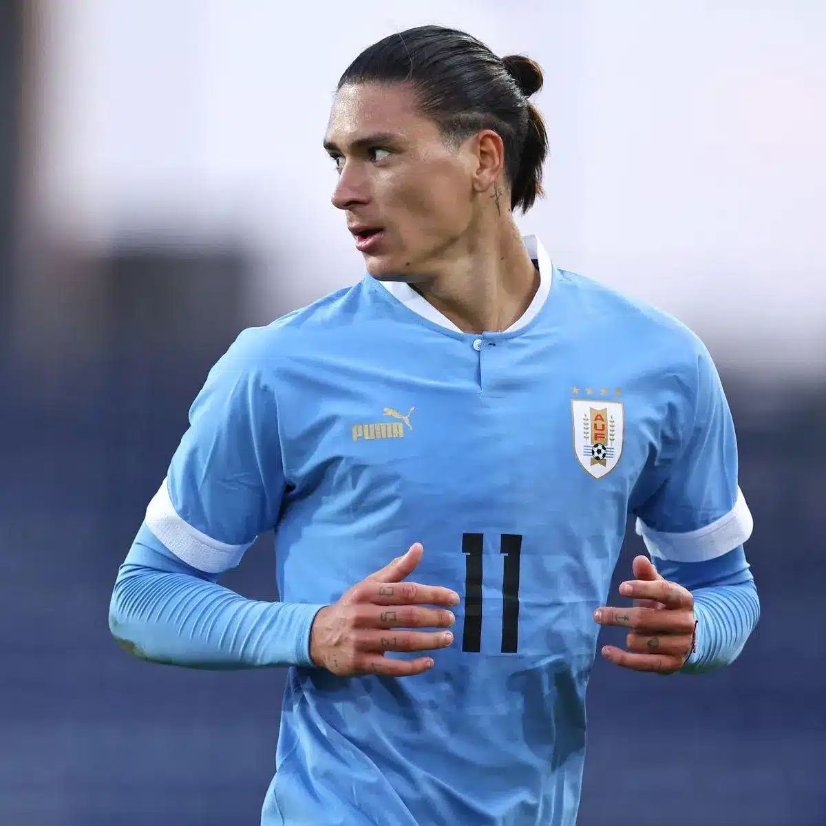 Darwin Nunez in Uruguay national team kit during a match.