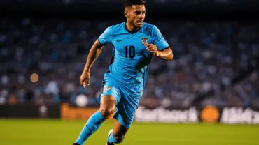 Uruguay striker in sky blue jersey sprinting during World Cup match at Hard Rock Stadium