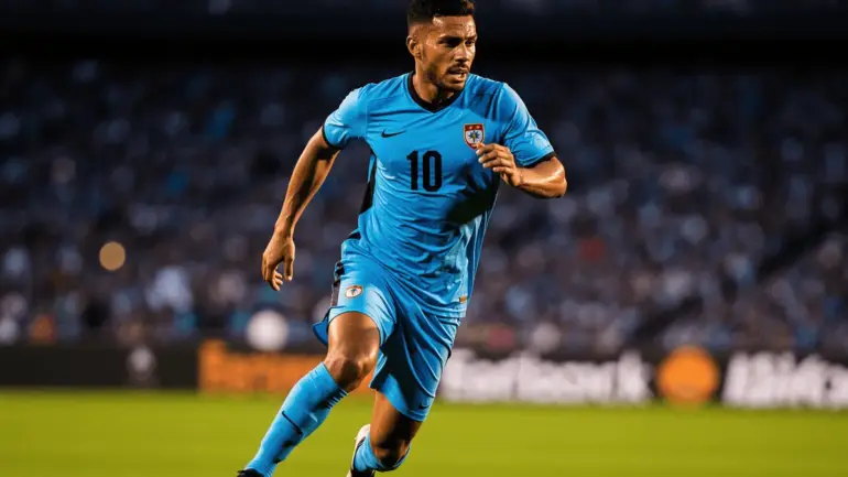 Uruguay striker in sky blue jersey sprinting during World Cup match at Hard Rock Stadium