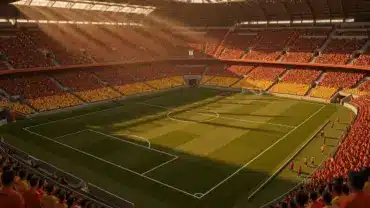 World Cup stadium with vibrant team supporters during golden hour match day