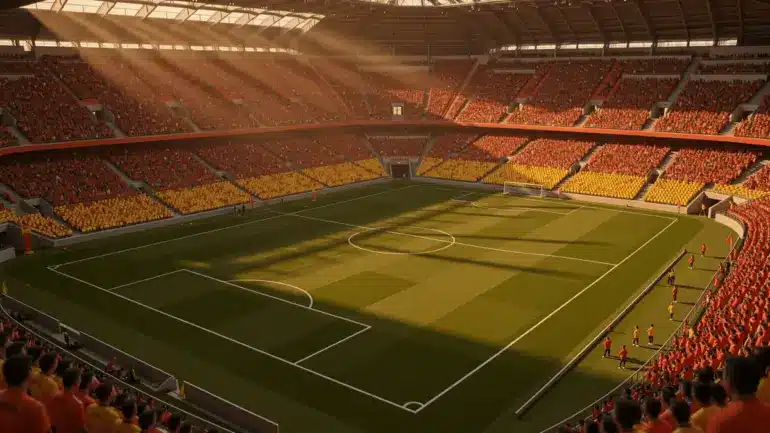 World Cup stadium with vibrant team supporters during golden hour match day