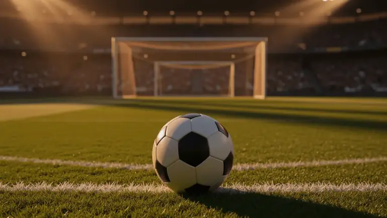 Soccer ball on stadium grass with goal and stands in background during golden hour