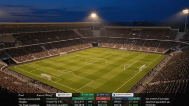 Aerial view of illuminated soccer stadium at dusk with pristine green pitch and packed stands