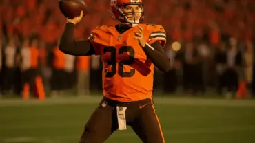 Cleveland Browns quarterback in throwing motion during NFL game action shot