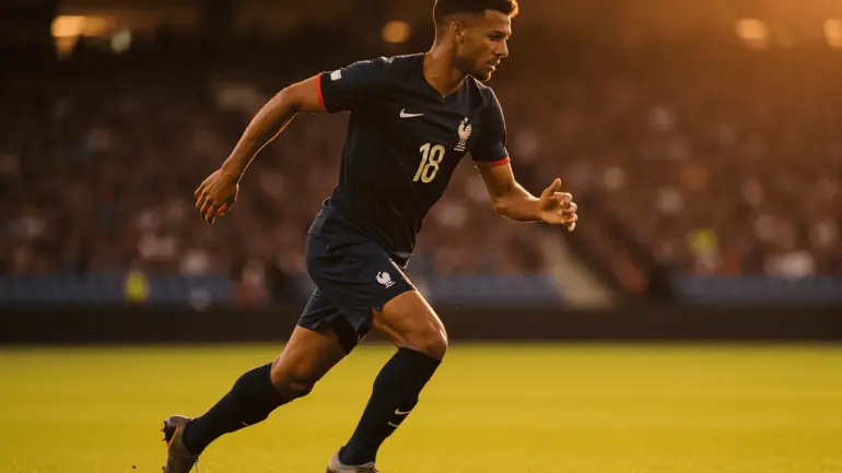 French soccer player in navy jersey sprinting with ball during World Cup match at stadium