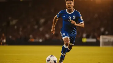 French soccer player in blue jersey dribbling at speed during World Cup match under stadium lights