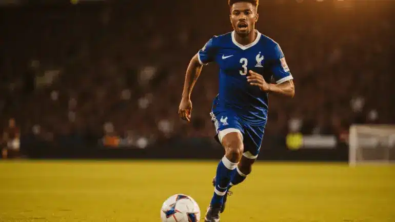 French soccer player in blue jersey dribbling at speed during World Cup match under stadium lights