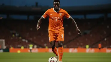 Ivory Coast soccer player in orange jersey during World Cup match action at Lincoln Financial Field