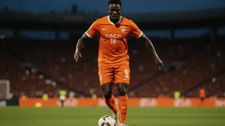 Ivory Coast soccer player in orange jersey during World Cup match action at Lincoln Financial Field