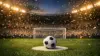 Soccer ball on penalty spot in packed stadium with dramatic lighting and World Cup ceremony atmosphere