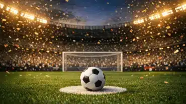 Soccer ball on penalty spot in packed stadium with dramatic lighting and World Cup ceremony atmosphere