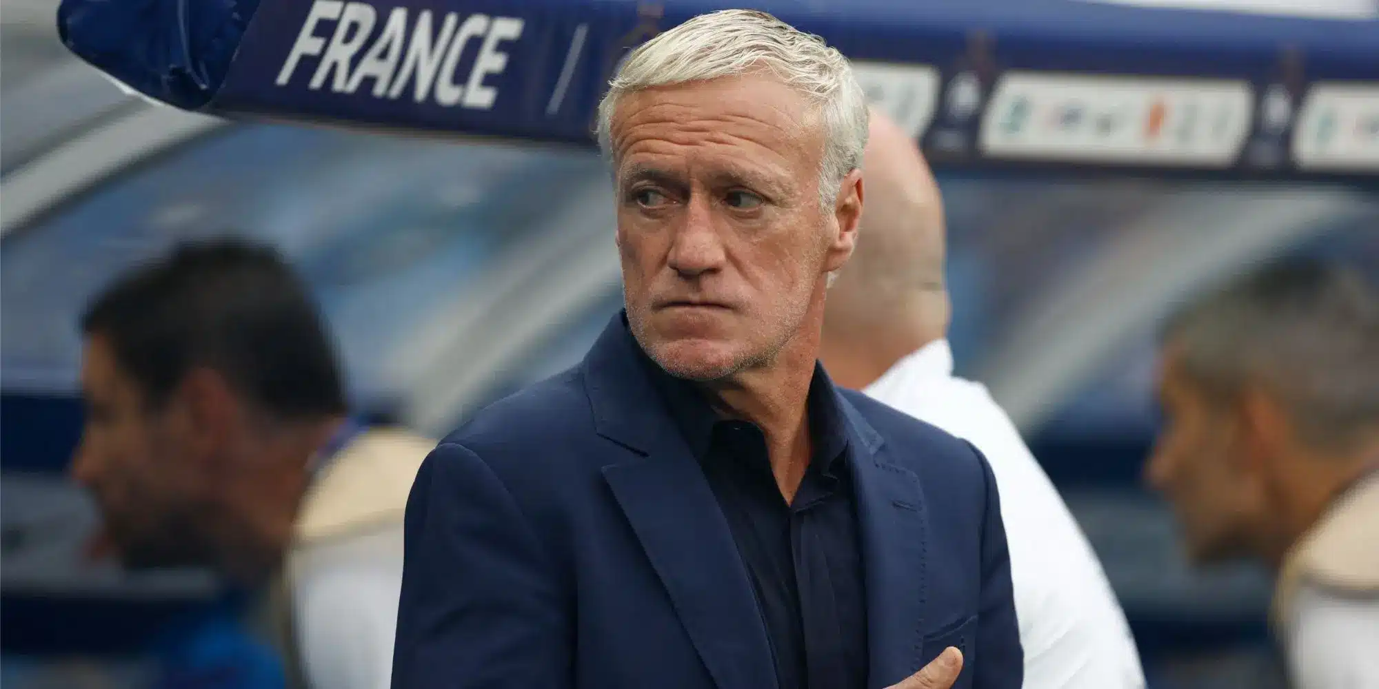 Didier Deschamps, manager of the France national football team, observing the game.