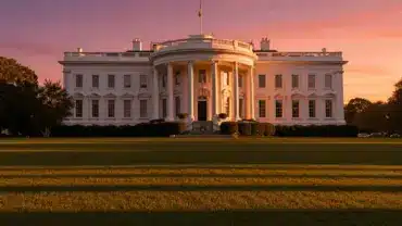 The White House South Portico at sunset with manicured lawn in foreground