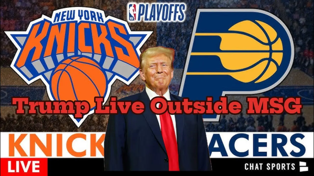 Donald Trump with Knicks and Pacers logos, live outside Madison Square Garden.