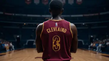 NBA player in Cleveland Cavaliers jersey contemplating future at arena center court