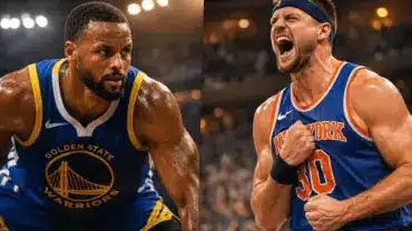 NBA players from Warriors and Knicks in intense playoff game action with dramatic arena lighting