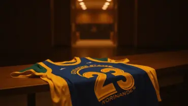 Draymond Green Warriors jersey draped in locker room with basketball court in background