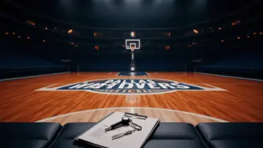 Empty Dallas Mavericks basketball court with coach's clipboard on bench illuminated by arena lights