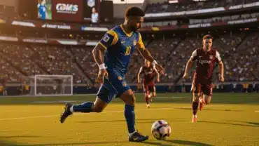 Bosnia striker attacking against Qatar defenders in World Cup 2026 qualifier at NRG Stadium