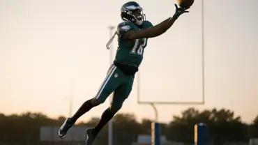 Eagles wide receiver making leaping catch during training camp practice