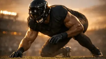 NFL edge rusher in three-point stance ready to rush the passer during game action
