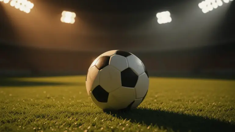 Soccer ball on stadium pitch under dramatic floodlights for World Cup betting predictions