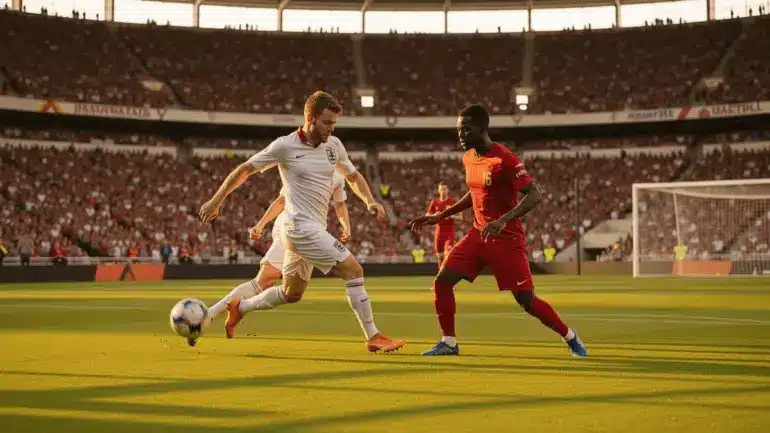 England attacking against Ghana in World Cup 2026 Group L match at packed stadium