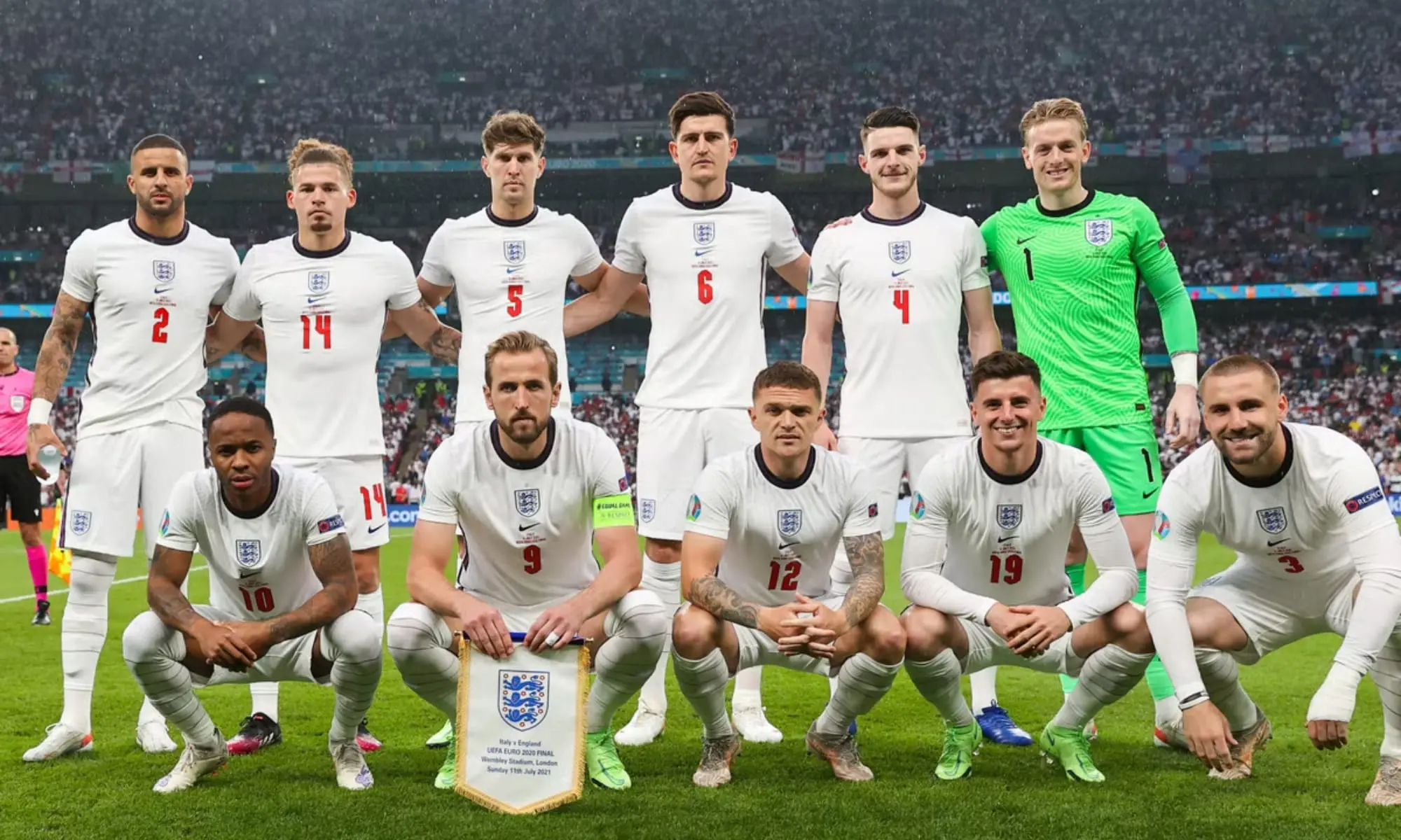 England national football team players in their white kits posing for a team photo.