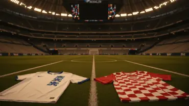 England and Croatia national team jerseys on football pitch inside AT&T Stadium before World Cup 2026 match