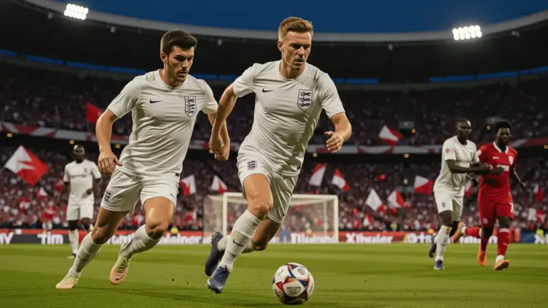 England players in white kit attacking during World Cup match at packed stadium with dramatic lighting