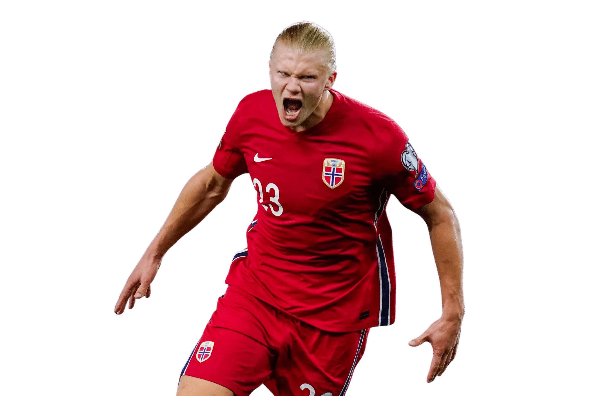 Erling Haaland of Norway celebrating a goal in a red team jersey.