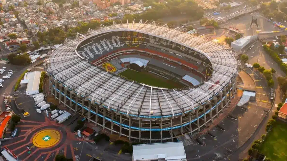Aerial view of Estadio Azteca, showcasing its iconic structure and surrounding area.