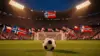 Soccer stadium with ball on pitch and France Norway flags in crowd for World Cup match