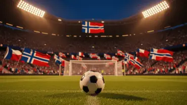 Soccer stadium with ball on pitch and France Norway flags in crowd for World Cup match