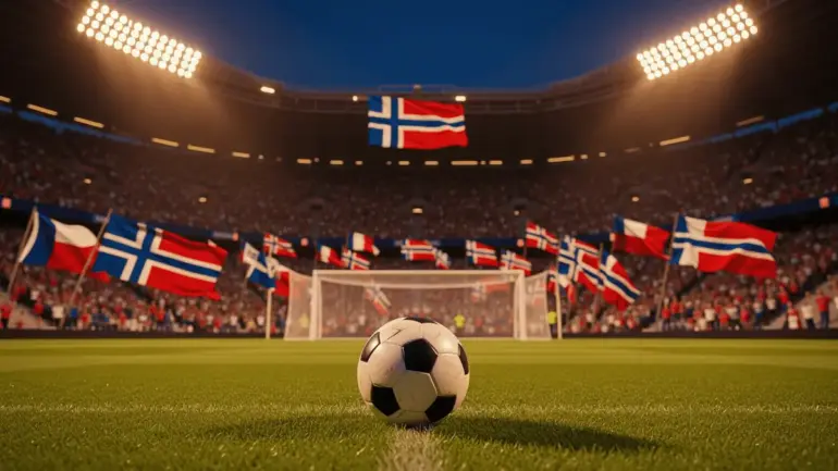 Soccer stadium with ball on pitch and France Norway flags in crowd for World Cup match