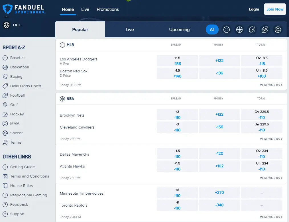 FanDuel sports betting app interface showing MLB and NBA betting options.