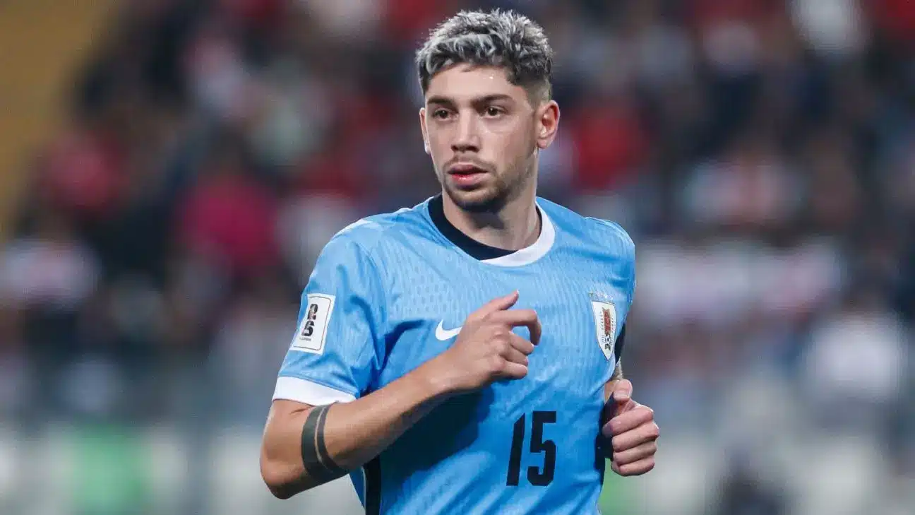 Federico Valverde of Uruguay in action during a soccer match.