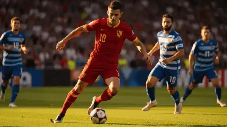 Spanish forward cutting inside against Uruguay defense during World Cup match action