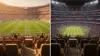 Two World Cup stadiums shown side-by-side with identical VIP seating perspectives during simultaneous matches