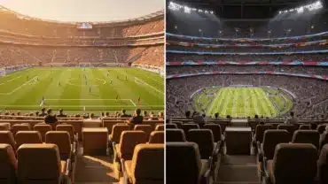 Two World Cup stadiums shown side-by-side with identical VIP seating perspectives during simultaneous matches